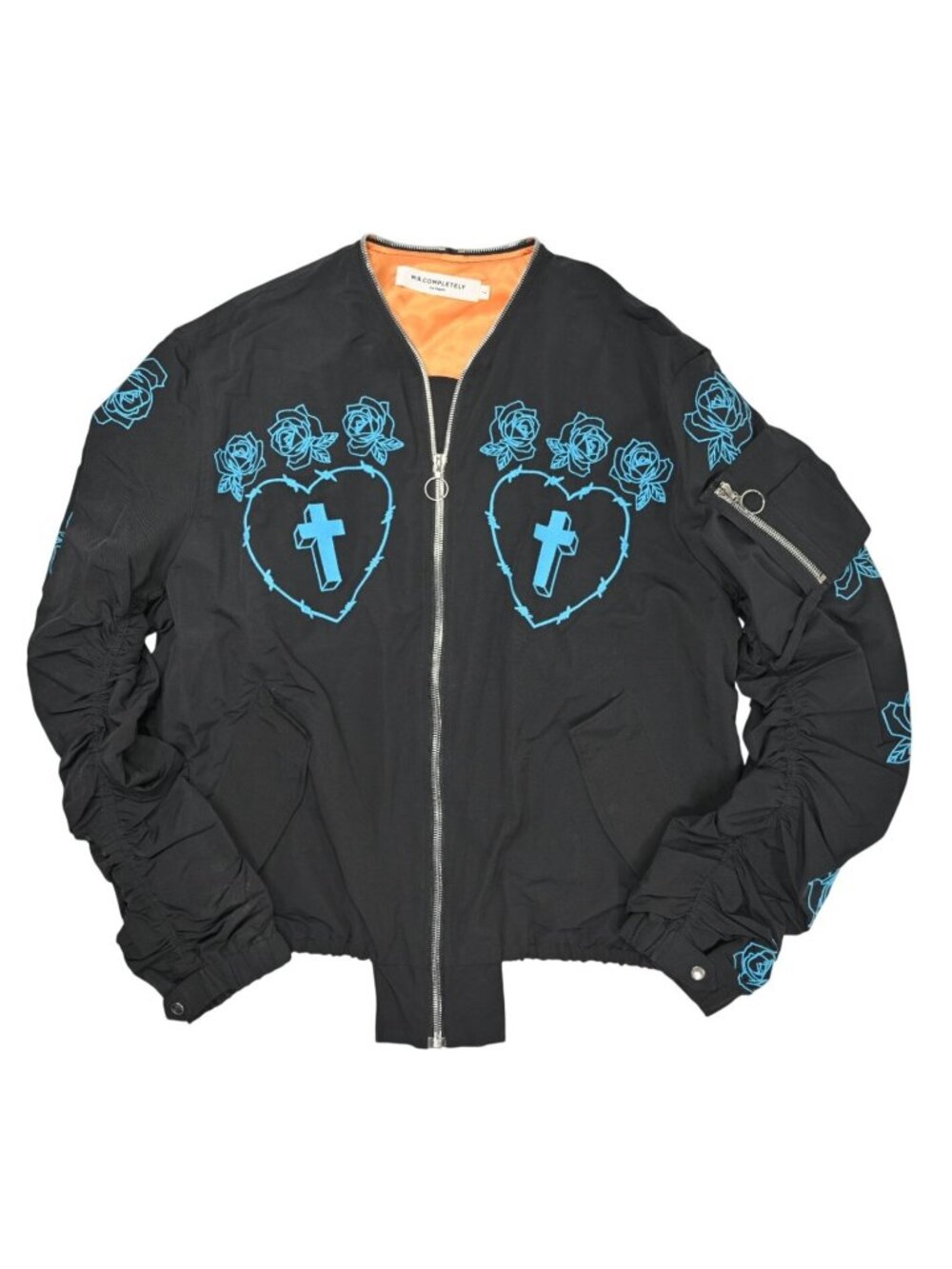 Mr. Completely Embroidered Roses Hearts Zip Up Jacket in Black Blue